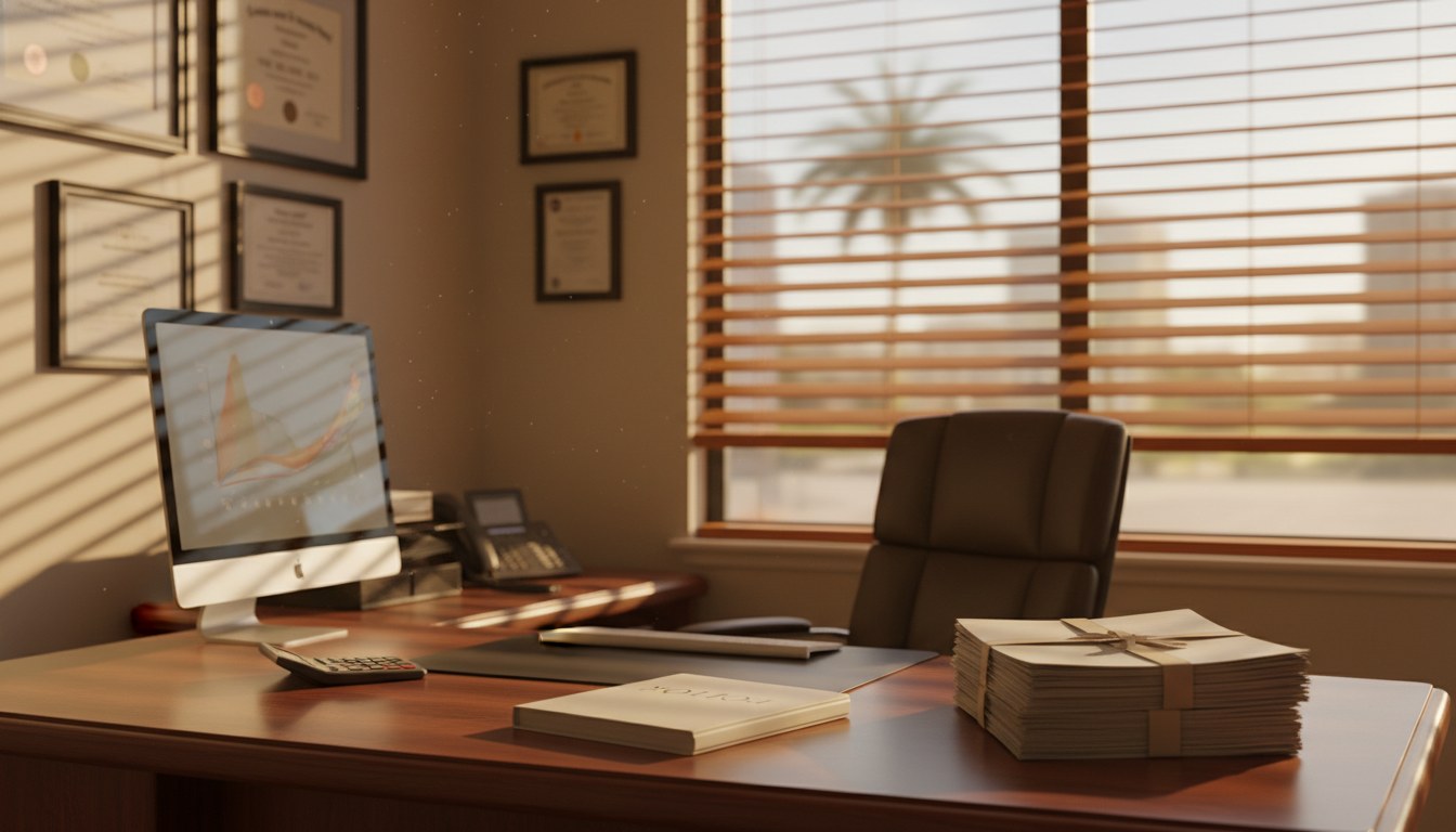 Insurance agency desk with policy folder, calculator, monitor, and framed credentials in warm light